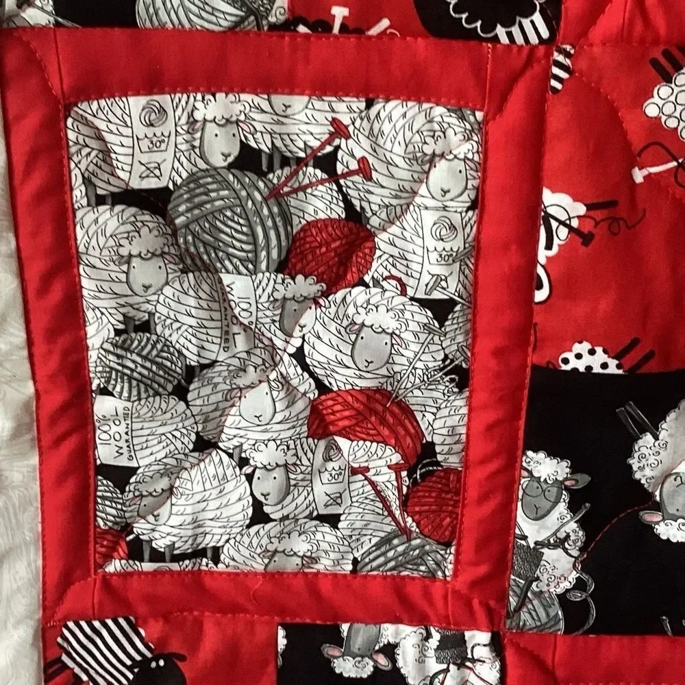 NWT. Black White and Red Sheep Lap Quilt Hand Crafted